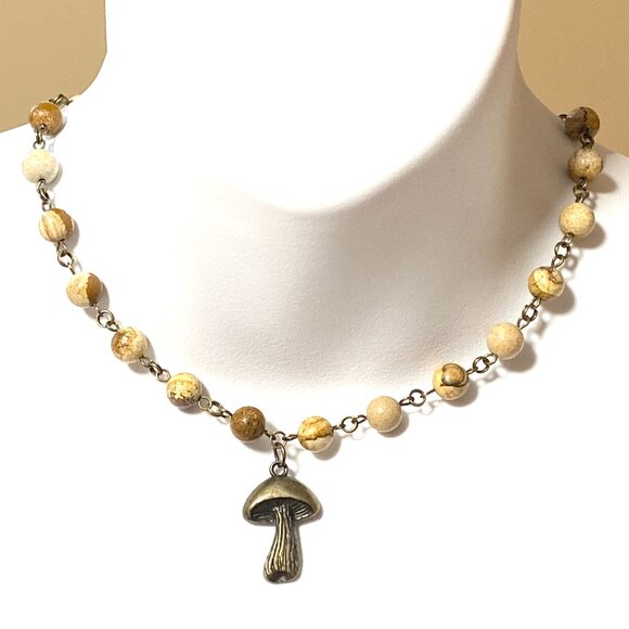 Genuine Yellow Picture Jasper Short Necklace, Bronze Slim Mushroom + Gemstone - Picture 2 of 15